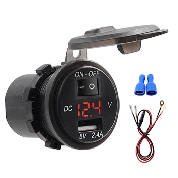 

Universal Car Waterproof USB Charger Motorcycle Dustproof Cover Voltmeter Display Chargers 5V 2.4A With Cable And Terminals