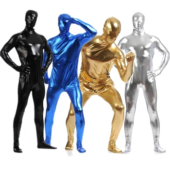 

Men Zentai Spandex Suit Black Shiny Metallic Skin Tights Full Body Costumes Unitard Custom Skin Bodysuit Stage Performance
