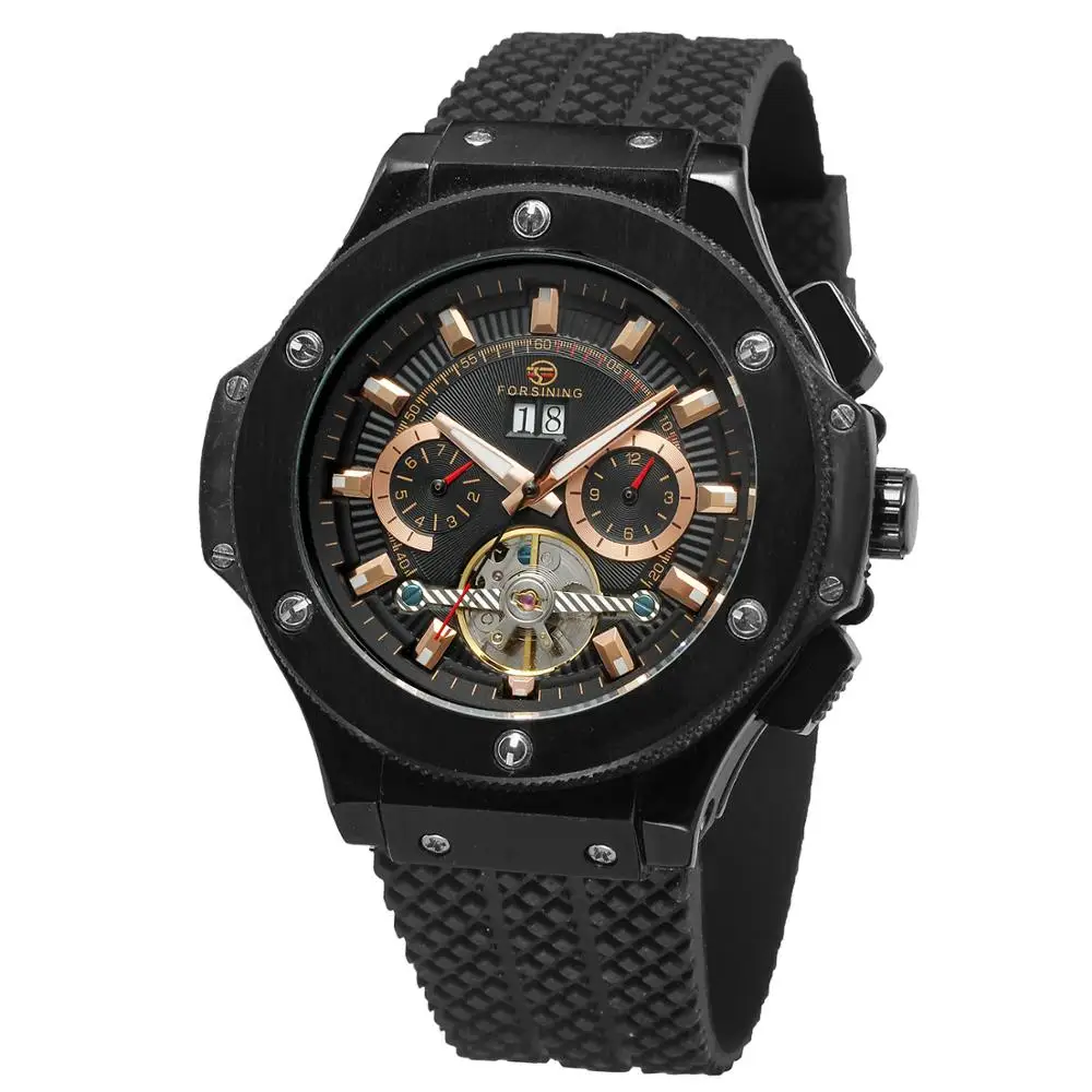 FORSINING Top Brand Luxury Rubber Band Sport Watches Black Case Tourbillon Designer Watch Male Automatic Mechanical Mens Watch - Цвет: Type 1