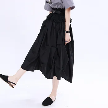 

WOMENGAGA 2020 Summer New Skrit Irregular A-line Elstic-waist Pleated Patchwork Empire Solid Girl Female Streetwear A460