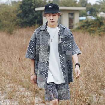 

EWQ / men's wear trend new 2020 summer fashion short sleeve color block patchwork shirt + loose shorts two pieces set male Y1913