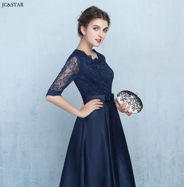 new lace satin half sleeve A Line navy blue bridesmaid dress Tea Length wedding guest dress godmother boda amarillo