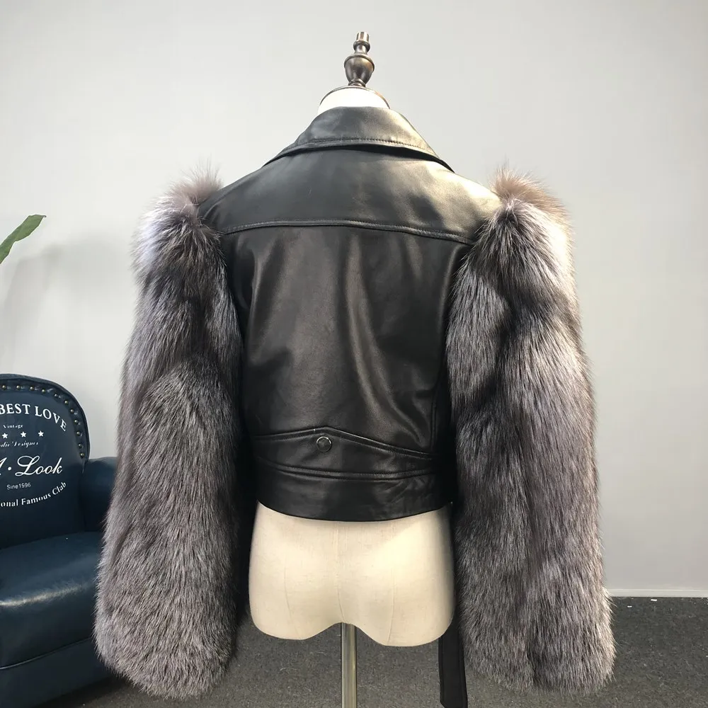 FURSARCAR 2021 New Genuine Leather Jacket Motorcycle Woman Short Slim Real Leather Jackets Luxury Winter Nature Fox Fur Coat