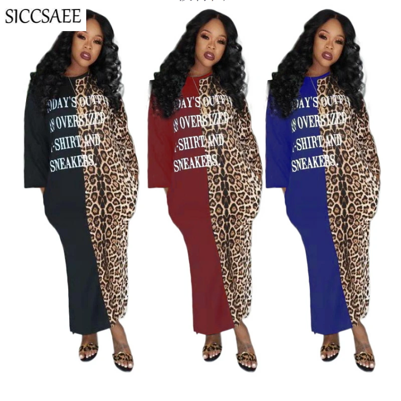 

Spring Letter Printed Leopard Patchwork Vestidos Largos Loose Robe Longue Femme Maxi Tshirt Dress Ropa Mujer Casual Clothing