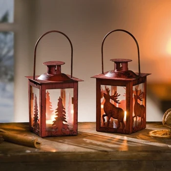 

Nordic Vintage Lantern Candle Christmas Tree Deer Elk Home Decoration Iron Hanging Stand Red Christmas Glass Candlestick L