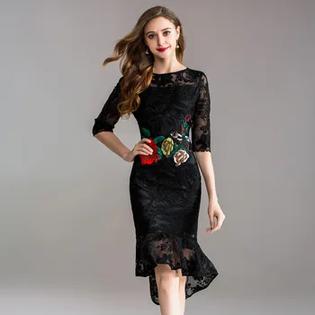 

2019 Autumn Round Neck Embroidery Nail Beads Five Points Sleeve Irregular Fishtail Waist Dress