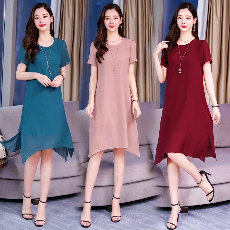 

WOMEN'S Dress Large Size Belly Covering Chubby Mm Chiffon Loose-Fit Slimming Mid-length Dress Summer by Age 2019 Popular Skirt