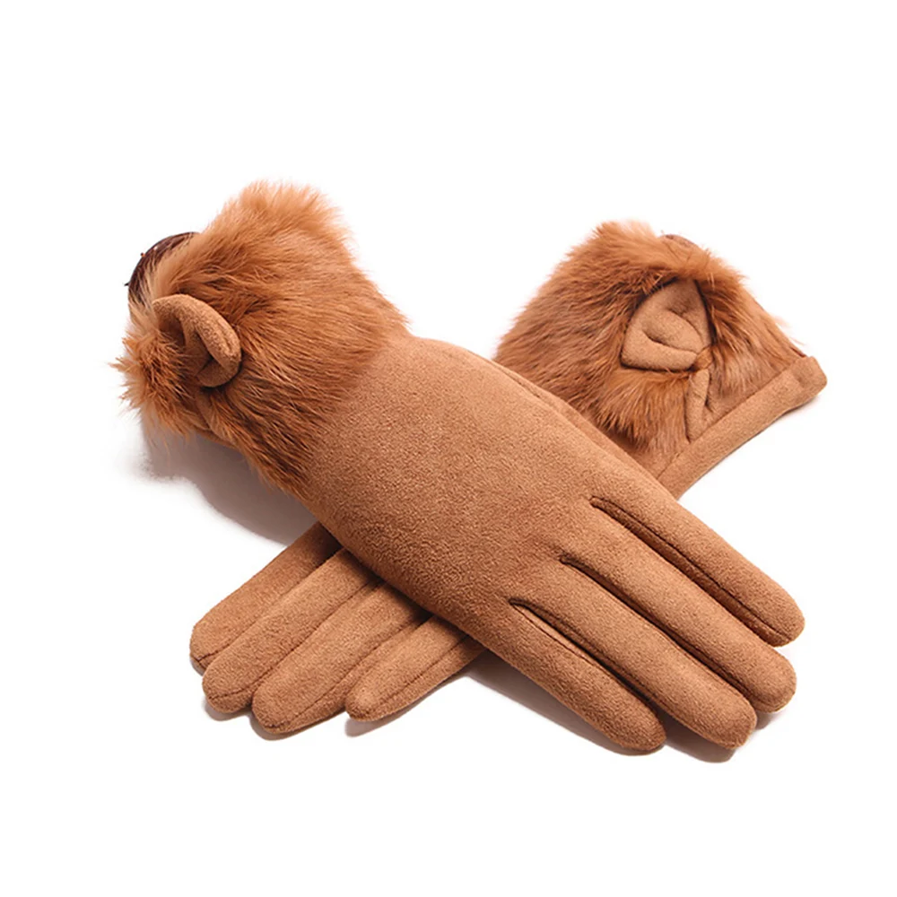 Зимние теплые бархатные женские перчатки для сенсорного экрана, модные удобные замшевые мягкие перчатки с кроличьим мехом, женские перчатки
