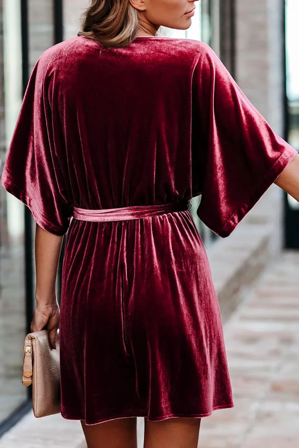 V-neck Half Sleeve Velvet Mini Dress 