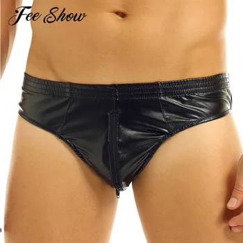 

Mens Lingerie Sissy Panties Soft Faux Leather Briefs Jockstrap Zipper Open Crotch Low Rise High Cut Sexy Mini Briefs Underwear