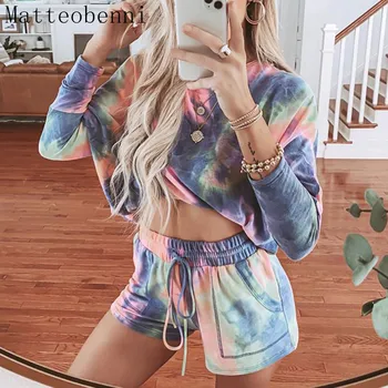 

Women Spring casual Tie-dye Two Piece Outfits Tracksuit Long Sleeve Top and Shorts Suits Summer 2pcs Matching Sets Lounge Wear