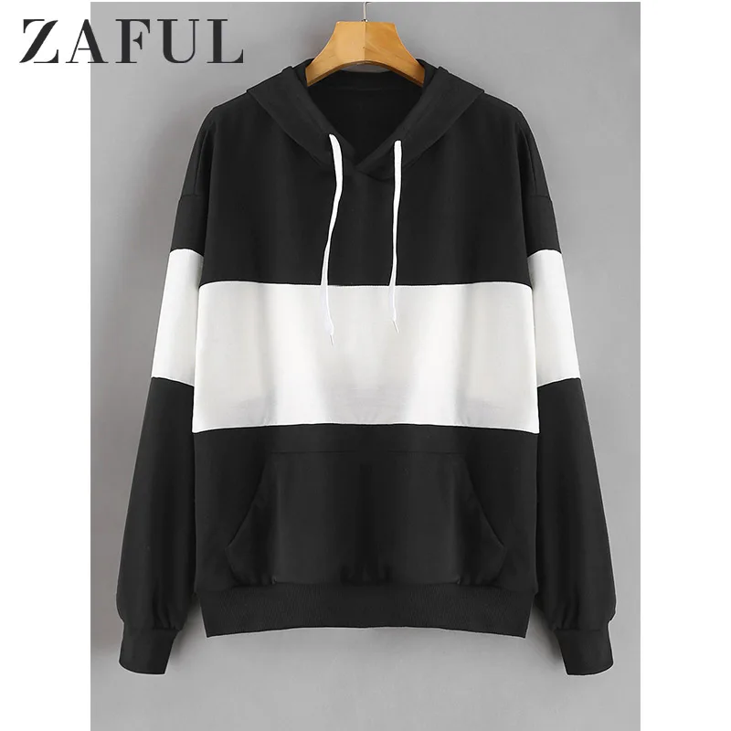 Женская толстовка с капюшоном ZAFUL черная и белая Базовая передним карманом