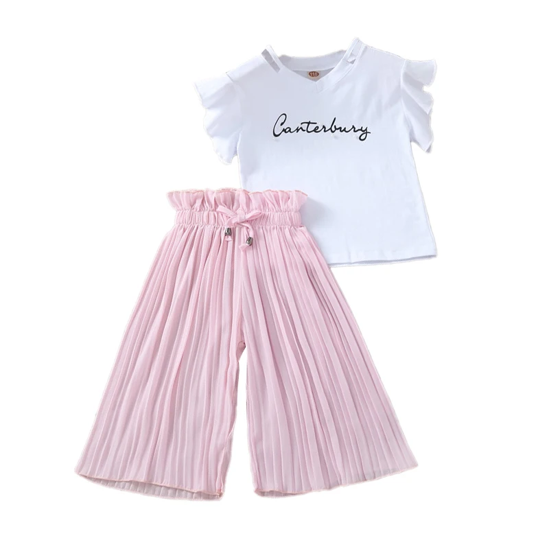 

Summer Baby Girl Clothes Kids Short Sleeve Letter Print Girls T-shirt Tops+Loose Pants Trousers Toddler Girls Casual Outfits