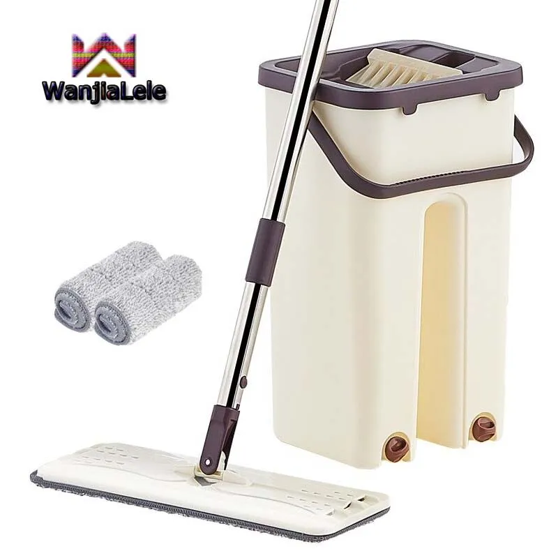 

WanjiaLele Flat Squeeze Mop Hand-Free Bucket Wringing Floor Stainles Steel Mop Floor Magic Automatic Spin Self Cleaning Lazy Mop