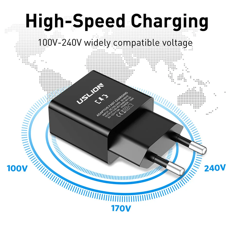 USLION 18 Вт Быстрая зарядка 3,0 быстрое зарядное устройство для мобильного телефона ЕС вилка настенное USB зарядное устройство адаптер для iPhone X 7 XR samsung Xiaomi huawei