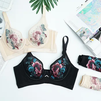 

2020 Beauty Salon New Products Super Thin Plant Flowers Embroidered Bra Popped Comfortable Push up Adjustable Underwear Female