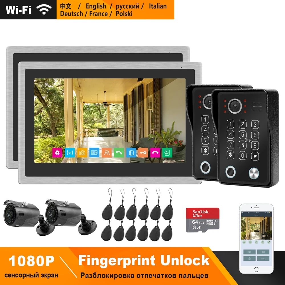HomeFong WiFi Video Intercom System Kit IP Video Door Phone Fingerprint Unlock Doorbell 1080P Camera 10inch Touch Screen Monitor