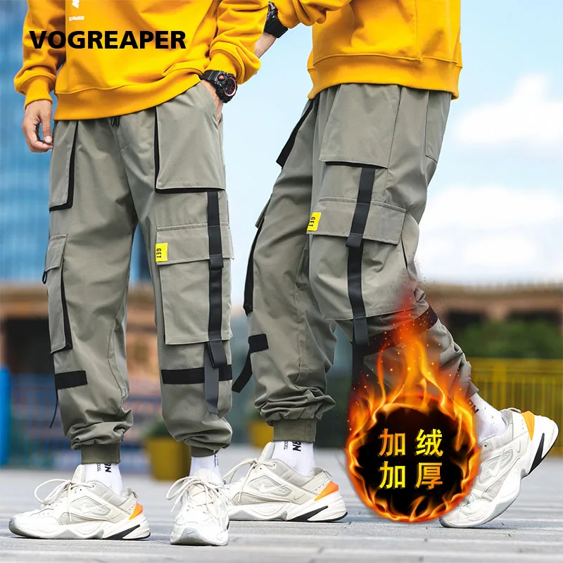 Зимние плотные мужские брюки-карго с лентами, черные повседневные уличные штаны-шаровары, спортивные штаны Харадзюку, мужские брюки в стиле хип-хоп