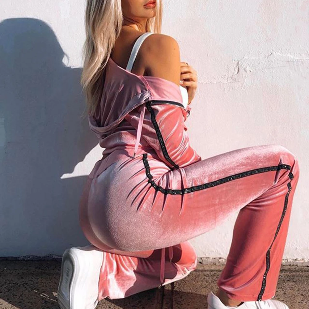 Женский Бархатный спортивный костюм розовая кофта с капюшоном и длинным рукавом