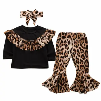 

Fashion Kids Baby Girl Fall Outfits Leopard Ruffles Sweatshirts Flare Pant Headband 3Pcs Autumn Clothing Kids Girl Sets 0-5Y