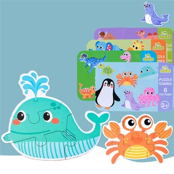 

6 In 1 Cartoon Wooden Puzzle Animal Traffic Early Educational Kids Learning Training Toys Babies Jigsaw Gifts rompecabezas A20