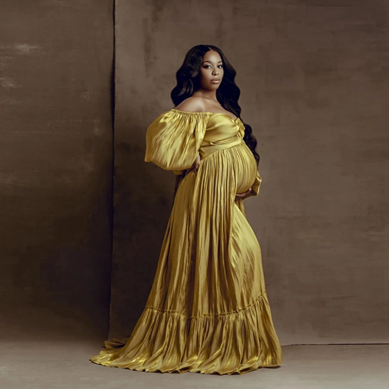 

Charm Sweetheart Taffeta A Line Pregancy Dress Puff Half Sleeves Draped Floor Length Maternity Gowns Gold Off The Shoulder