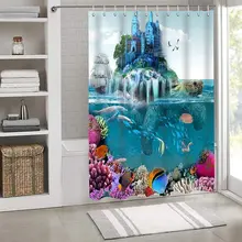 

Marine Shower Curtain Giant Tortoise Carrying Magic Castle and Pirate Ship Cartoon Pattern Bathroom Waterproof Screen Home Deco
