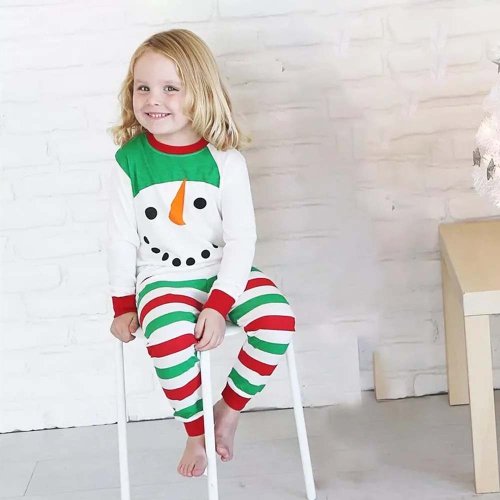 fashion baby girl clothes cotton long sleeve Solid Kids Snowman T shirt Tops+Striped Pants Trousers Christmas Clothes Set