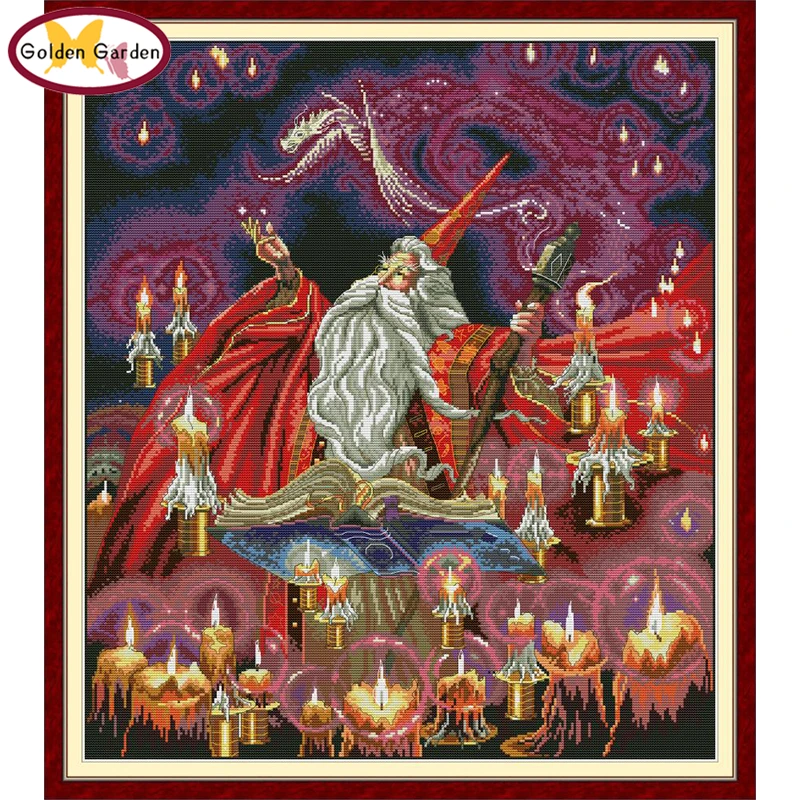 

GG Magician Paintings Cotton Cross Stitch Kits Folded Embroidery Needleworks Joy Sunday Printed Cross Stitch Sets for Home Decor