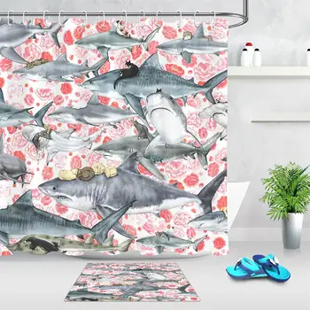 

Red Flower Shark Cat Bathroom Shower Curtains Modern Bathroom Decoration Polyester Fabric Waterproof Shower Curtain Washable