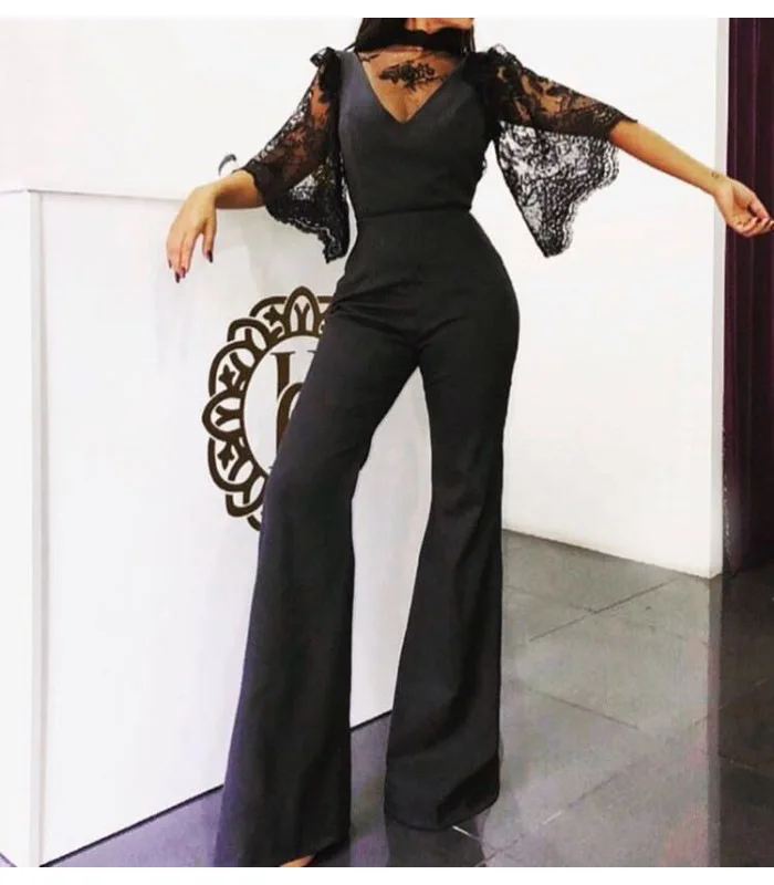 

Linglewei New Spring and Summer Women's Suit one-piece pants pop up sexy V-neck lace middle sleeve one-piece pants
