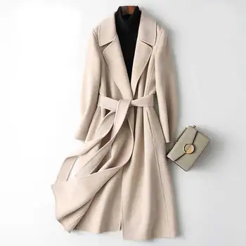

2020 Women Cashmere Long Coat Elegant Turn Down Collar Woolen Coat With Belt Open Stitch Design Winter Warm Coat Casaco Feminino