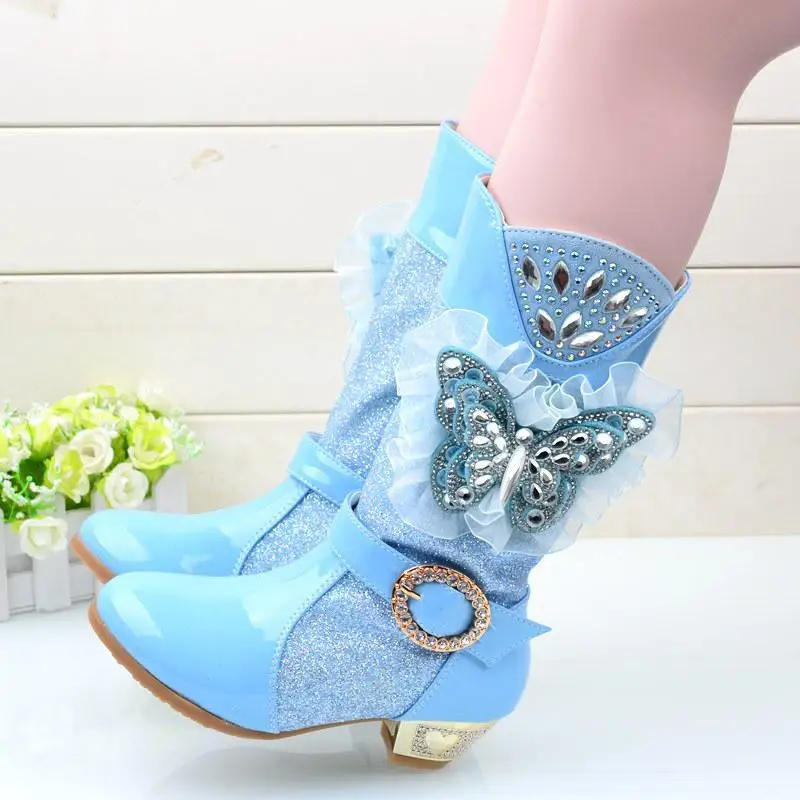 Children Winter Boots Fur Girls High Heels Snow Boots Glitter Kids Princess Dress Boot Pu Leather Mid-calf Plush Warm Butterfly