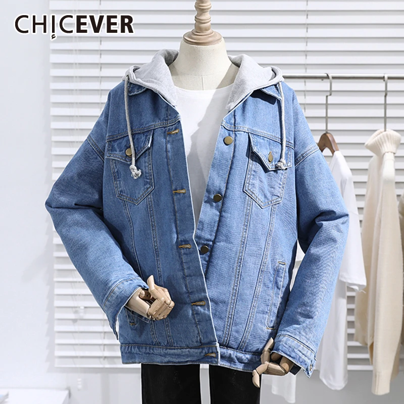

CHICEVER Chic Style Denim Jacket For Women Lapel Collar Long Sleeves Detachable Hat Plus Velvet Coats Female 2019 Autumn New