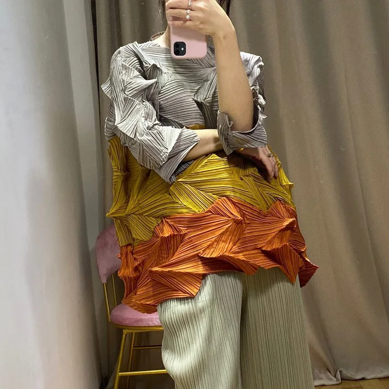 MIYAKE Плиссированные Свободные Большие размеры алмаз плиссированные Цвет Блокировка Топ плиссированная Блузка