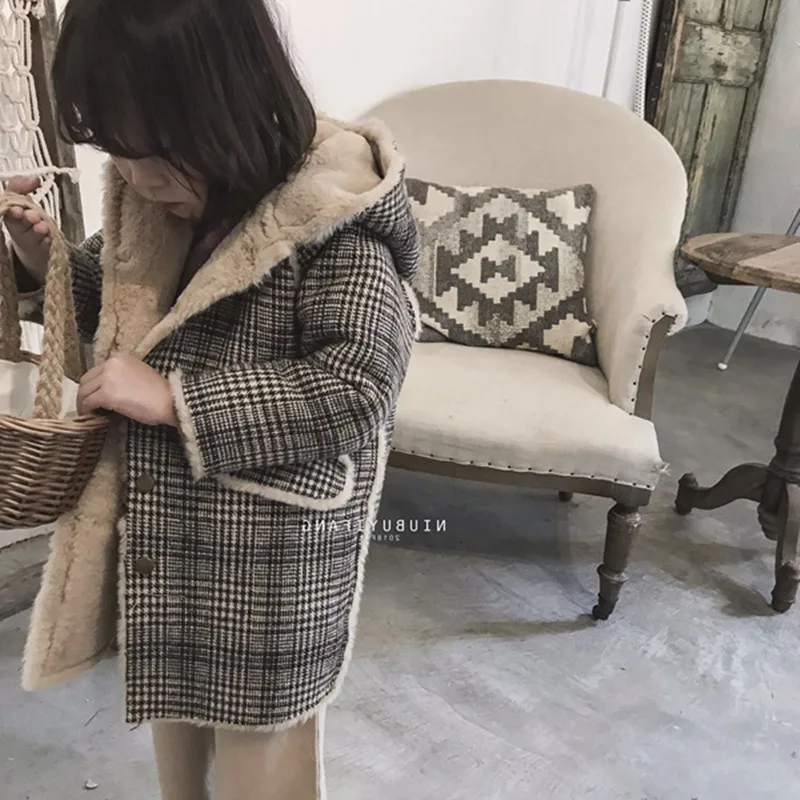 

Girl's Winter Coat Plaid Hoodie Plus Velvet Plus Thicken Baby Girl Warm Coat Kids Winter Clothing Toddler Children Baby Jacket