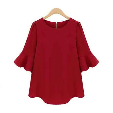 Ropa mujer, черная, Красная Шифоновая Блуза большого размера,, летняя Свободная рубашка с расклешенными рукавами, XXXL, 4XL, 5XL размера плюс, женская одежда - Цвет: Красный