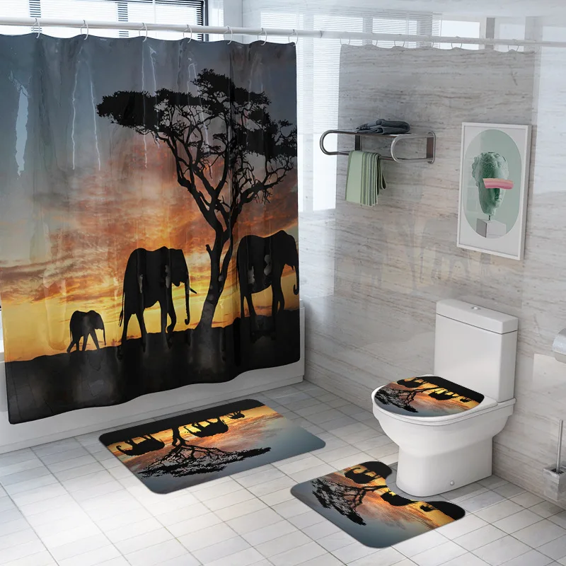 Pentium Horse Print Shower Curtain 4 Piece Carpet Cover Toilet Cover Bath Mat Pad Set Bathroom Curtain 12 Hooks - Цвет: 4 sets