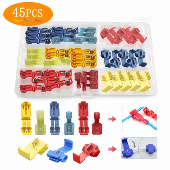 

45PCS Yellow, Red Blue T Tap Electrical Connectors Quick Wire Splice Taps and Insulated Male Quick Disconnect Term Kit Tool