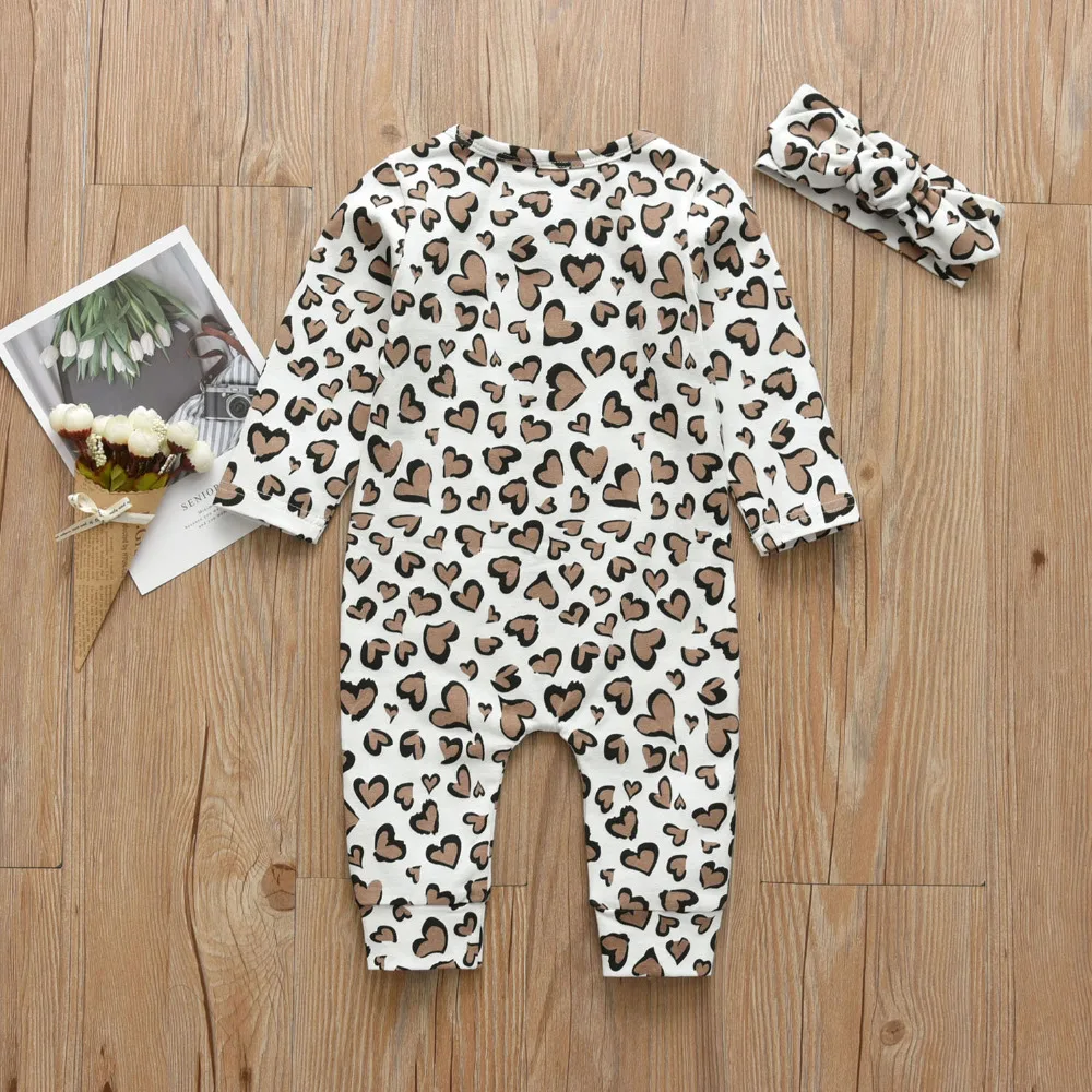 2Pcs Newborn Baby Girls Clothes Set Cotton Hearts Print Infant Long Sleeve Jumpsuit+Headband Toddler Girls Clothing