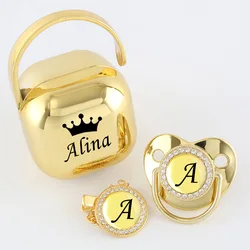 Boîte de rangement de sucette de luxe, personnalisable avec tous les noms, or argent, tétine en Silicone pour bébé sans BPA 26 initiales, sucette pour bébé avec Clip 