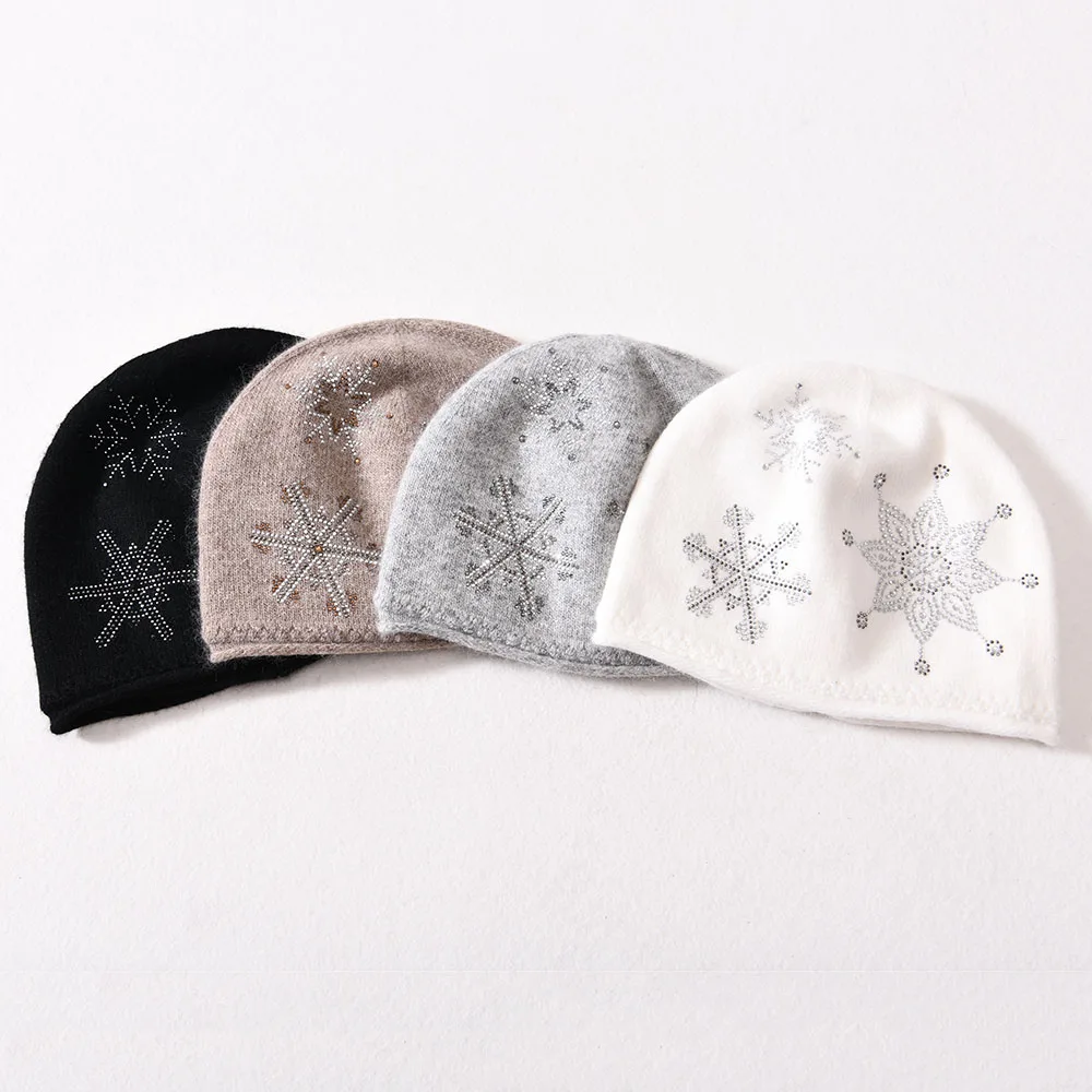 New Cashmere Beanie Hat Snowflake  Rhinestone Winter Cap For Woman Solid Color Warm Hat 4