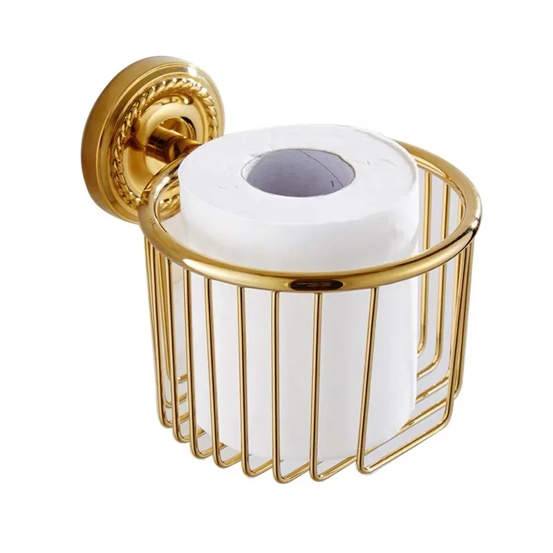 

European style polished gold washroom paper holder vintage pure copper carved bathroom organizer basket wall mounted
