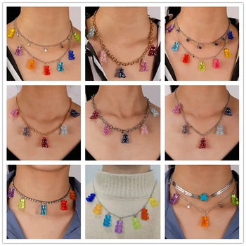 

2020 Fashion Small Gummy Bear Necklaces for Women Cross Hearts Stars Evil Eyes Chain Necklaces Female Girls Pendants Jewelry