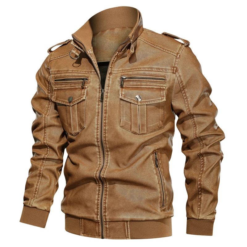 

2019 new AliExpress autumn washed retro motorcycle Faux leather jacket large size loose warm Plus velvet men's jacket