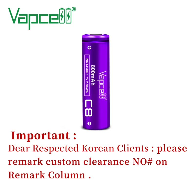 Vapcell Original li ion Battery INR 14500 C8 800mah 2A 3.7V Rechargeable Batteries Flat / Button