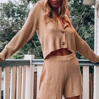 

Knitted Ribbed V-Neck Two Pieces Sets Women Casual Long Sleeve Buttons Female Outfits 2020 Autumn Shorts Ladies Girls Tracksuit