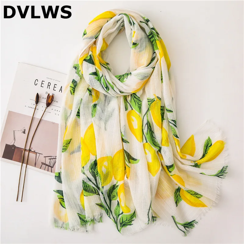 

DVLWS Cotton and Linen Fruit Printed Scarf Women Spring Summer Korean Refreshing Lemon Pattern Beach Shawls Infinity scarf