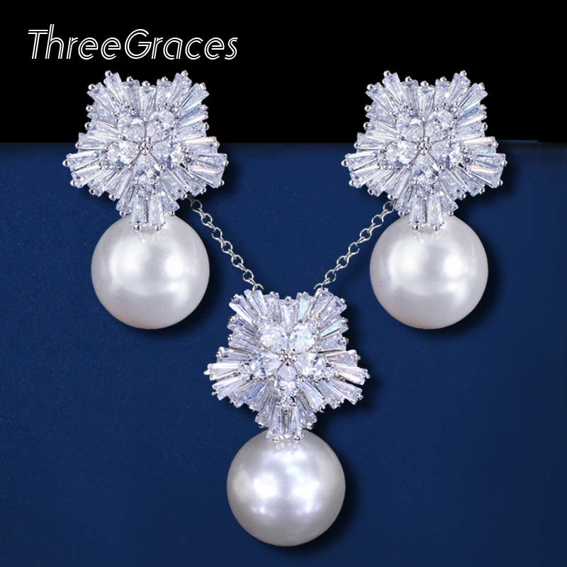ThreeGraces, роскошный дизайн, белое золото, цвет, циркон, камень, жемчуг, подвеска, ожерелье и серьги, ювелирные наборы для женщин, JS082