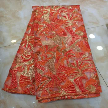 

High Quality African Brocade Lace Fabric red/gold New Arrival Jacquard Lace Fabric with Feather Nigeria Lace Material for Sewing